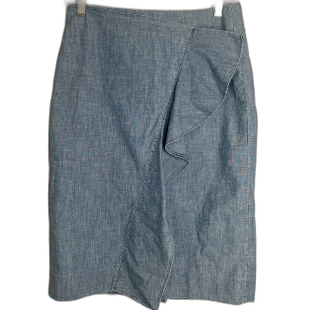 J Crew Denim Chambray Front Slant Ruffle 100% Cotton Pencil‎ Skirt Sz 4